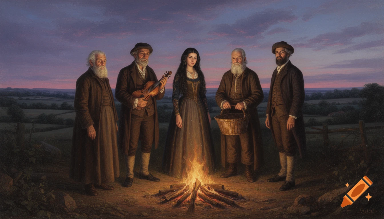 Highly detailed oil painting of five people in historical attire standing around a campfire in the Northamptonshire countryside under a twilight sky.