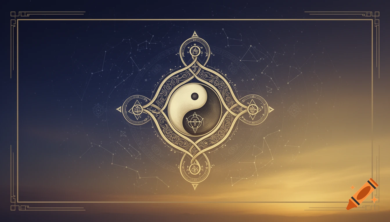 An ornate Yin-Yang symbol centered within intricate, golden esoteric patterns against a starry, gradient blue and gold celestial background.