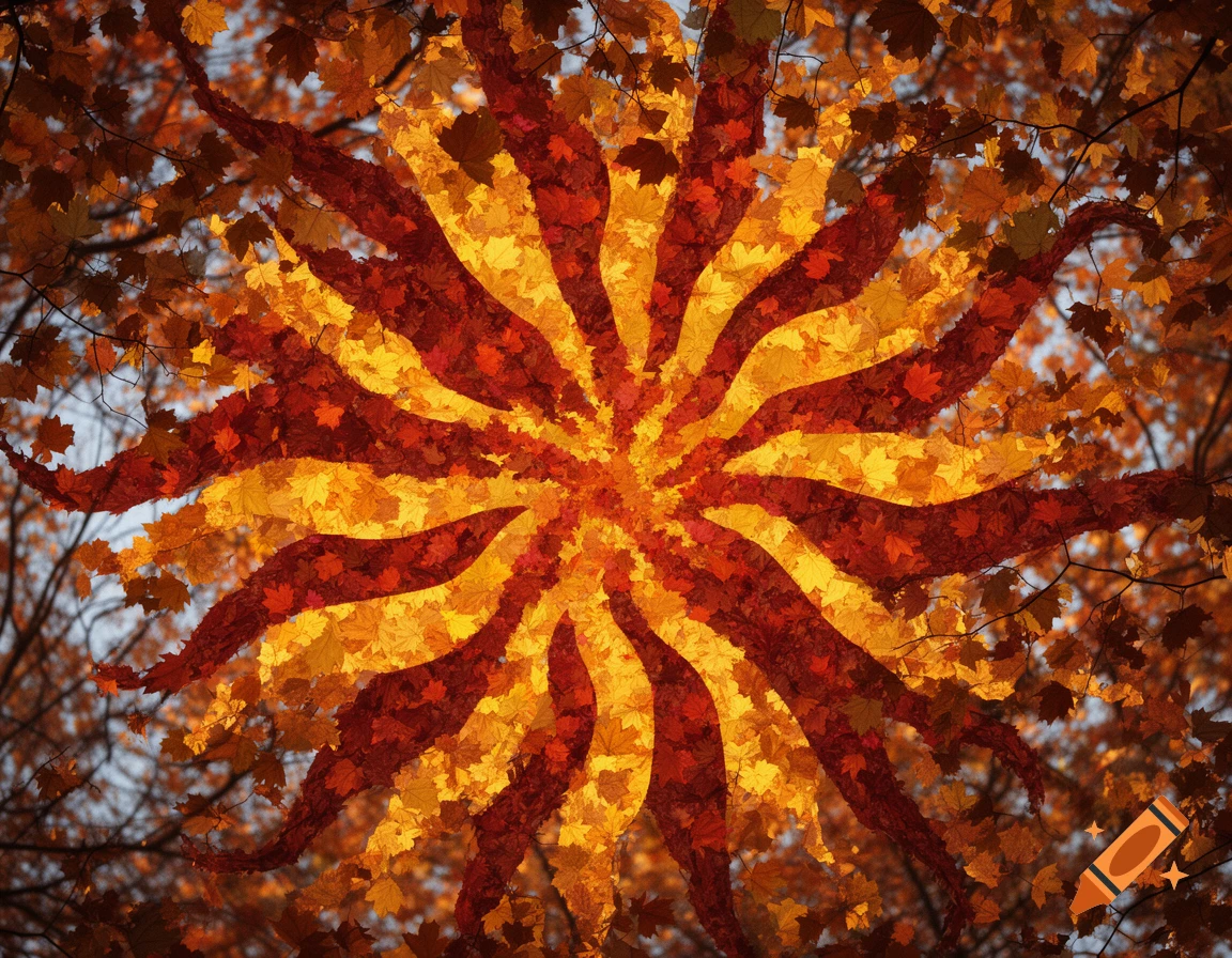 A stylized sunburst pattern made of vibrant red and yellow autumn leaves, set against a backdrop of blurry trees and a pale sky.
