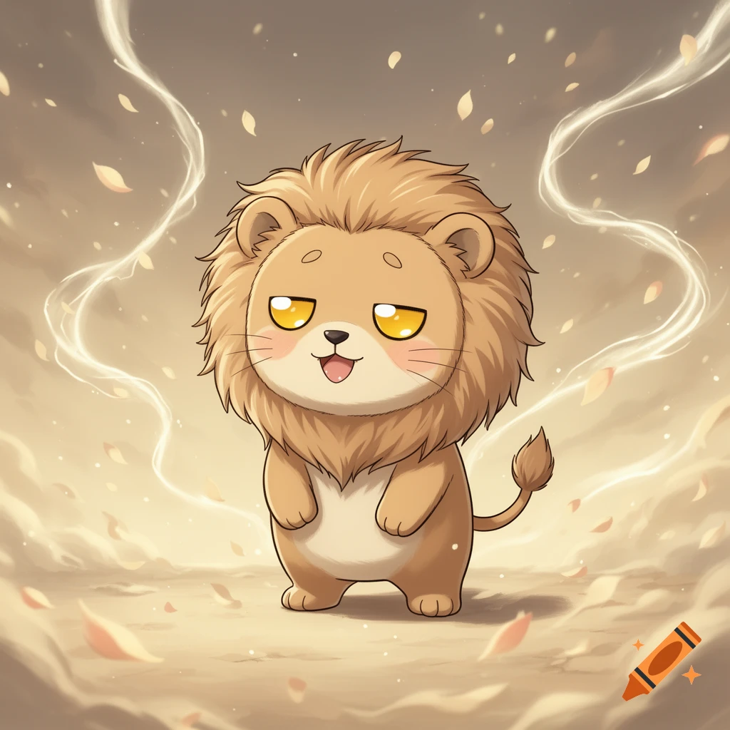 A cute, chubby, chibi-style cartoon lion with golden eyes and brown fur stands on a tan ground with glowing wisps and falling petals.
