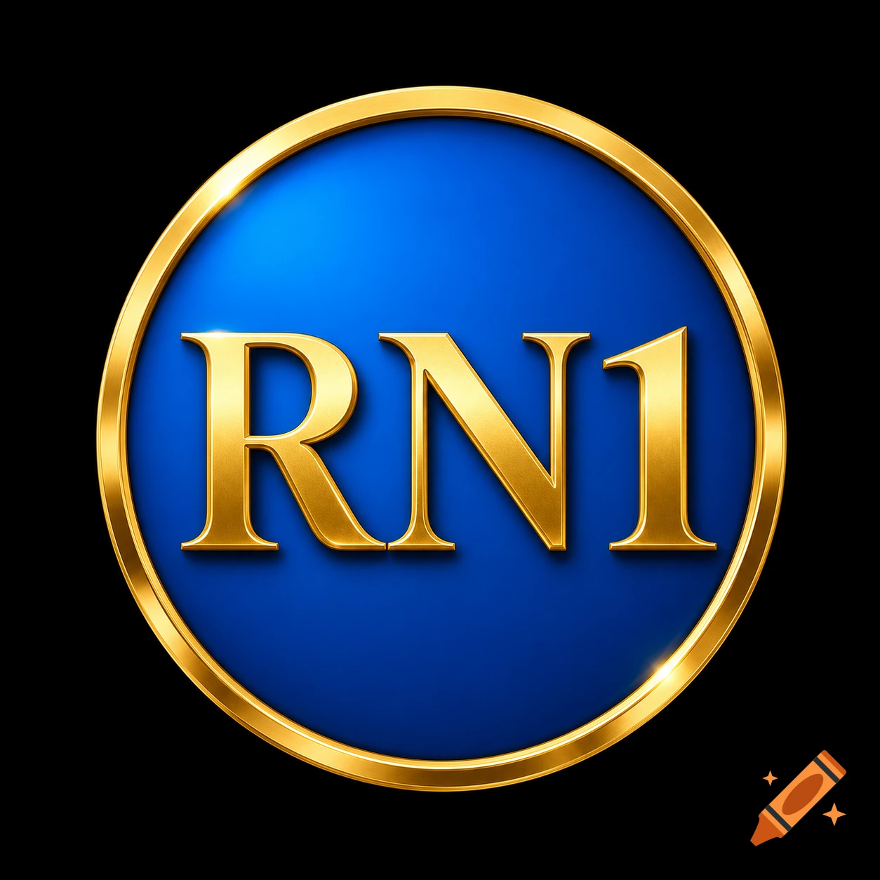 A blue circle with a golden border and the gold text "RN1" in the center, set against a black background.