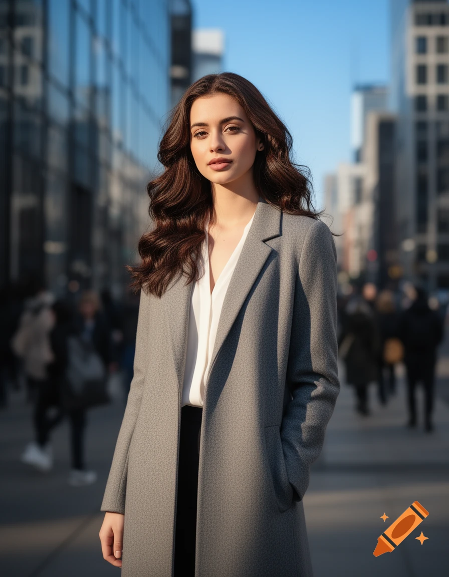A young woman with long brown wavy hair wearing a grey coat and white blouse stands on a sunny city street.