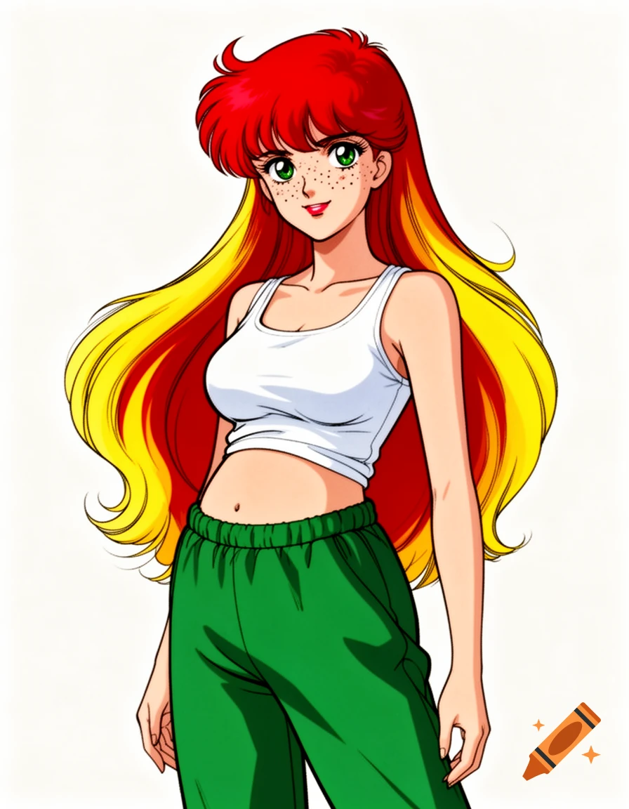 An anime woman with long red hair with yellow streaks, green eyes, and freckles, wearing a white tank top and green sweatpants, with a slight pregnant belly.