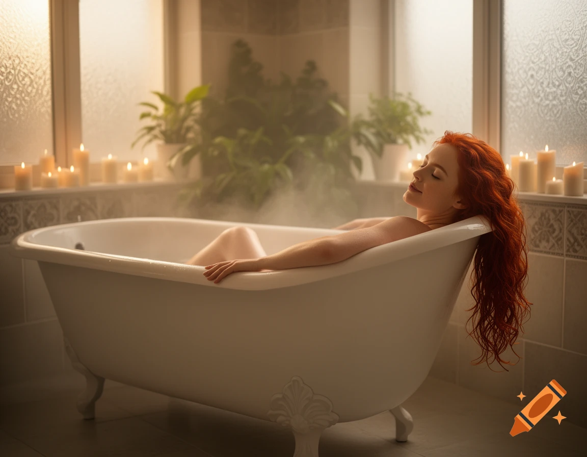 A redheaded woman relaxes in a steamy bathtub, surrounded by lit candles and plants in a soft, warm light.