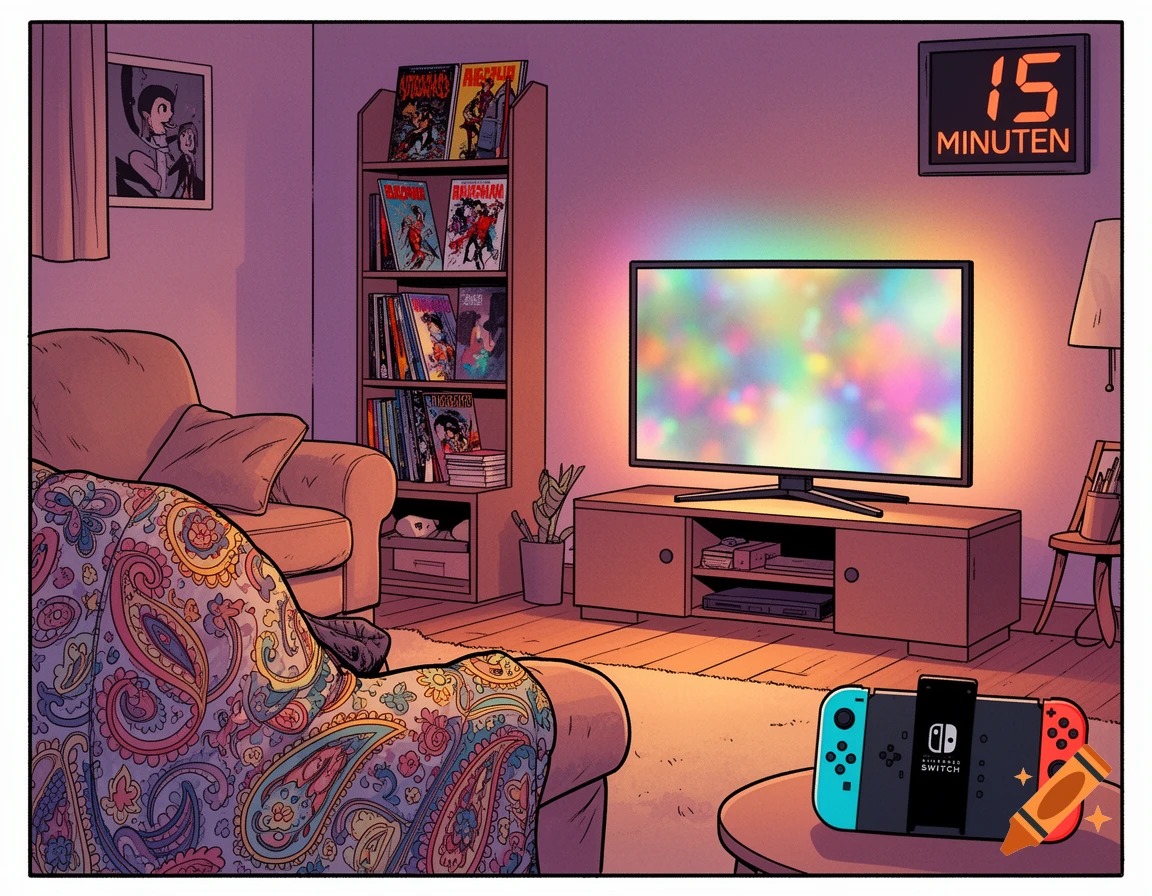 A cozy, comic art living room at dusk, featuring a colorful TV screen, a Nintendo Switch, and bookshelves, bathed in warm light.