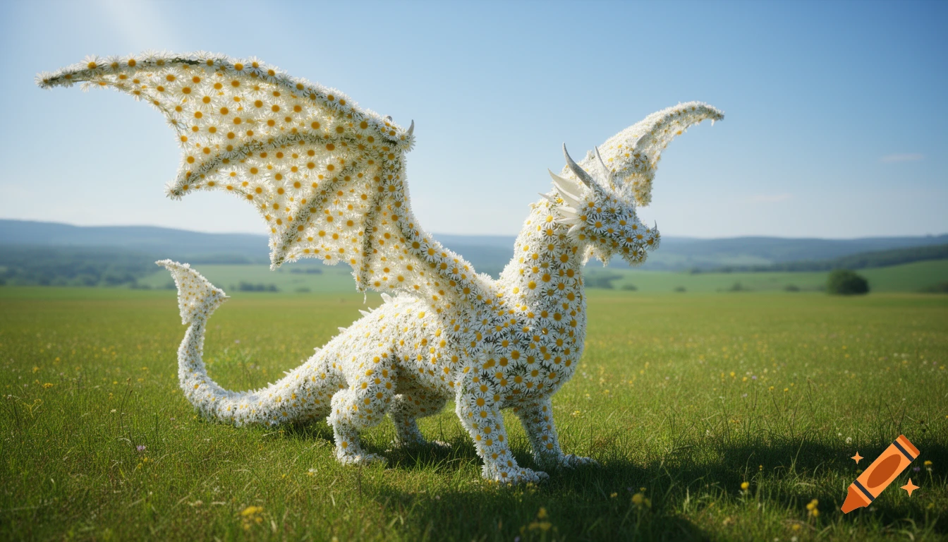 A photorealistic dragon made of white daisies stands with spread wings in a sunny green field.