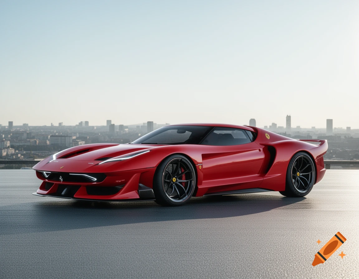 A sleek red sports car, resembling a modern Ferrari, parked on a paved surface with a city skyline under a clear sky.