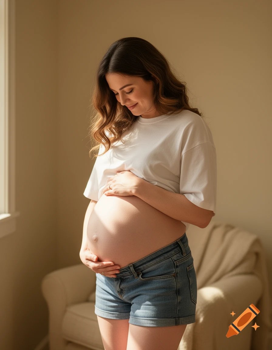 Smiling pregnant woman in a white t-shirt and denim shorts gently holds her bare belly, looking down in a sunlit room.