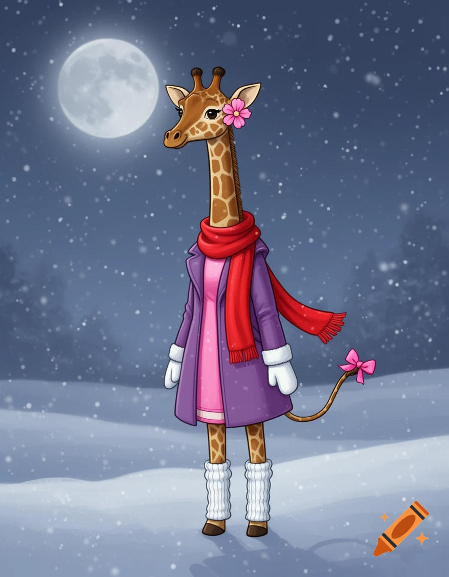 Cartoon giraffe in a red scarf, pink dress, purple coat, pink flower, and white leg warmers standing in a snowy landscape under a full moon.