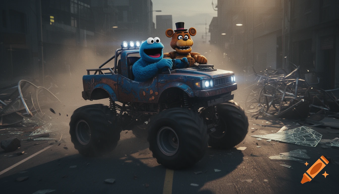 Cookie Monster drives a blue monster truck with Freddy Fazbear in the passenger seat through a debris-strewn urban street.