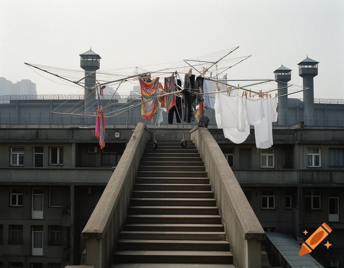 Laundry drying on a clothesline at the top of concrete stairs, with prison guard towers and fences in the background, in a photorealistic style.