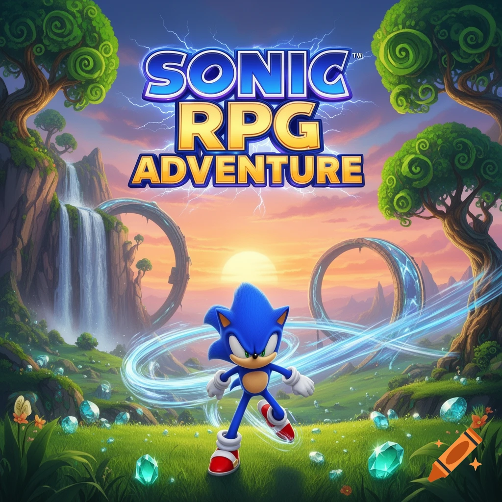 Sonic the Hedgehog stands in a vibrant fantasy landscape with waterfalls, mountains, glowing rings, and a sunset, under the title 'SONIC RPG ADVENTURE'.