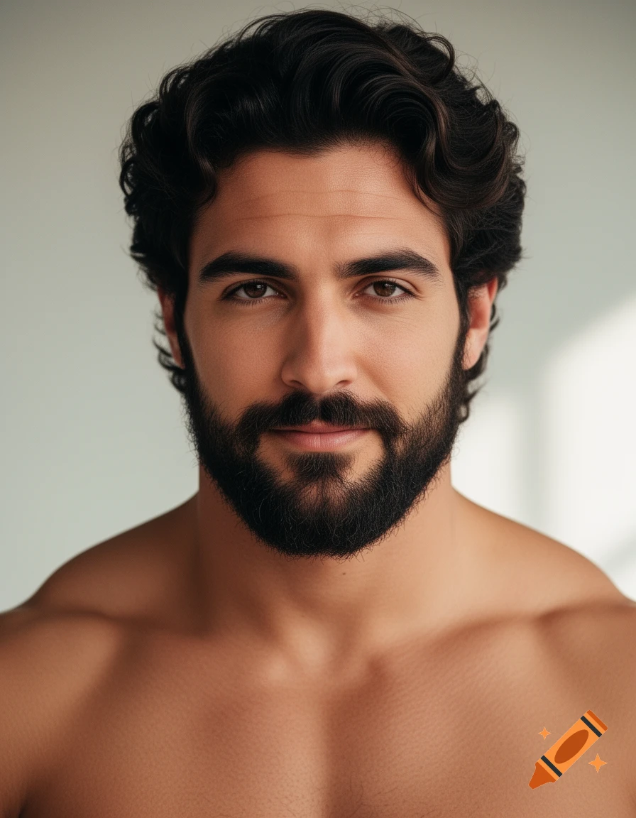 Photorealistic portrait of a man with dark wavy hair, a full beard, and bare shoulders, looking at the camera.