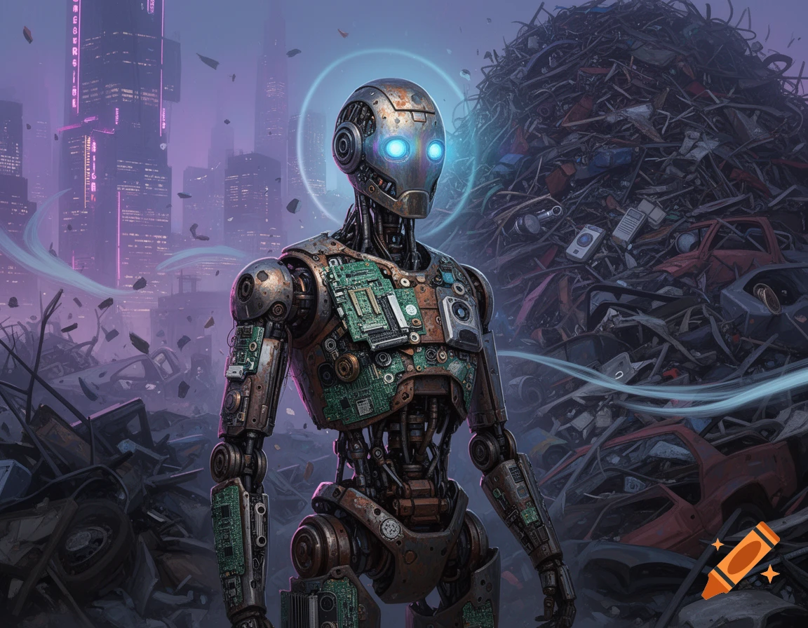 A rusty robot with glowing blue eyes stands in a futuristic trash-filled landscape, with a neon-lit city in the background.