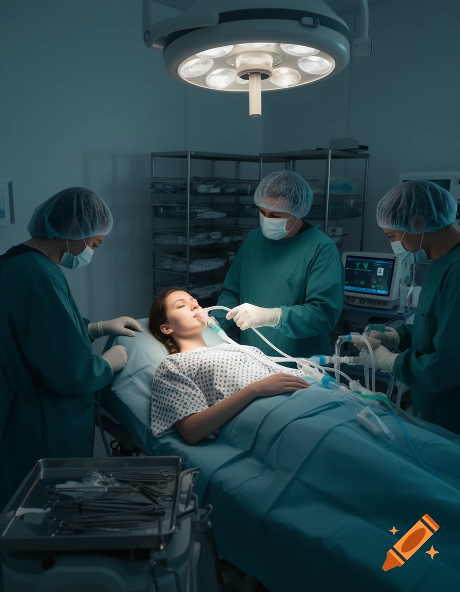 A patient lies intubated on an operating table surrounded by medical staff in a hospital operating room.