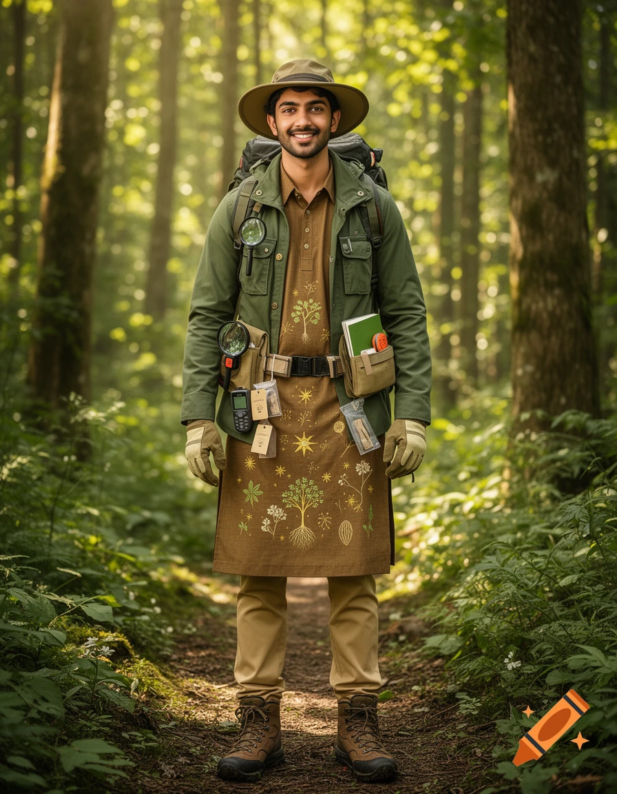 A smiling man in a hat, green jacket, embroidered tunic, backpack, and hiking boots stands on a forest path.