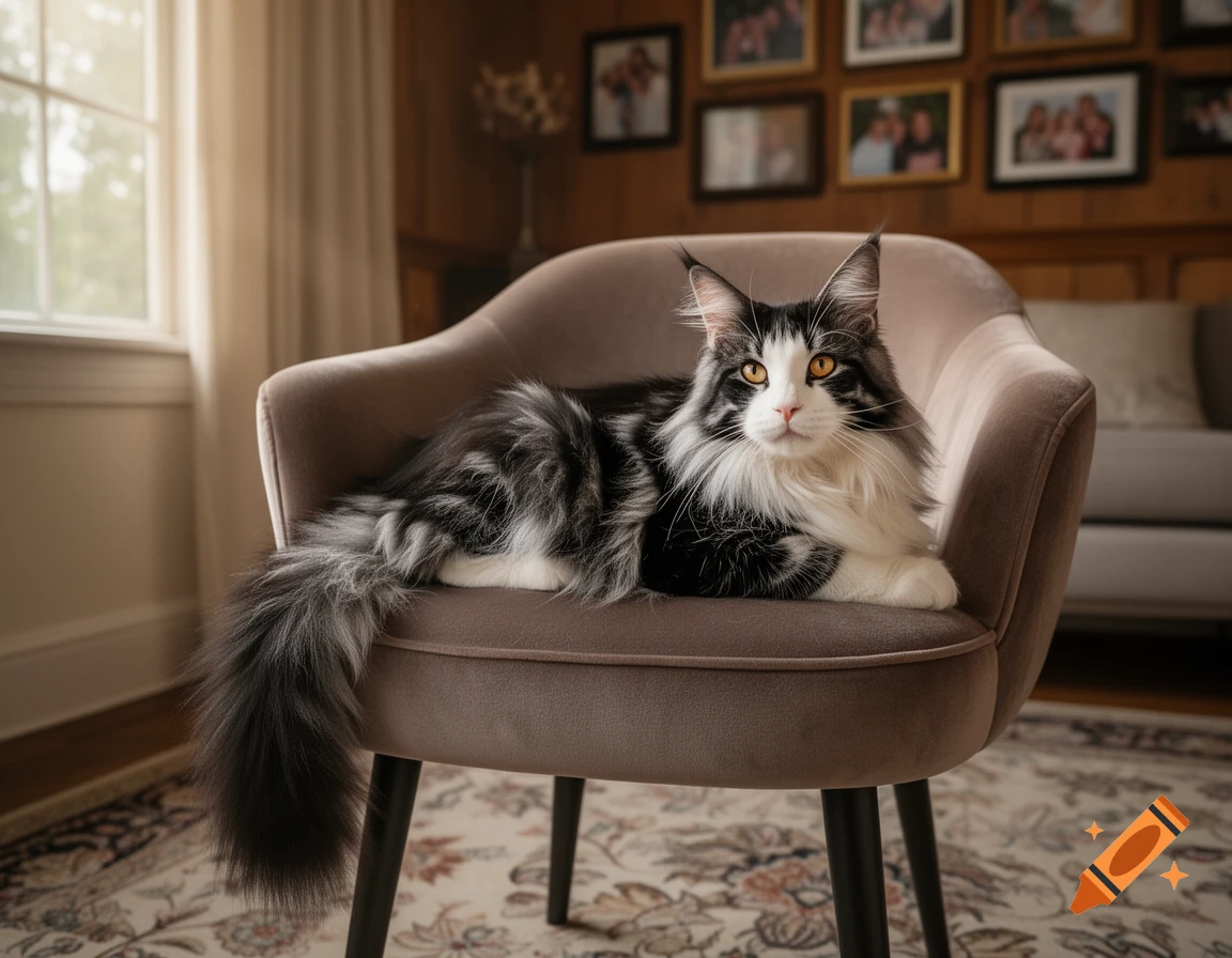 A photorealistic black and white Maine Coon cat with orange eyes lies on a velvet armchair in a sunlit living room.