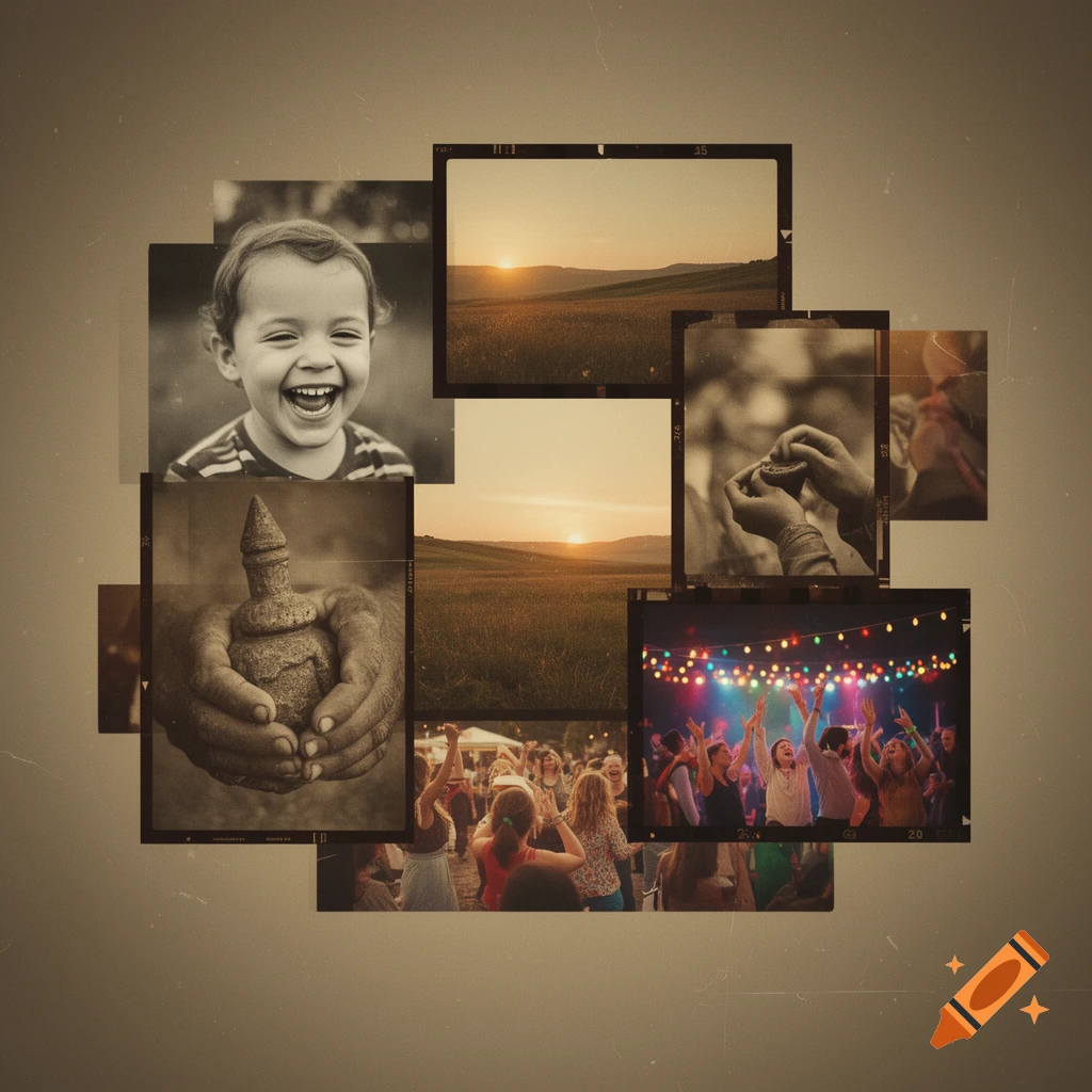 Vintage photo montage featuring a laughing child, sunset fields, hands holding an artifact, and people dancing at a party.
