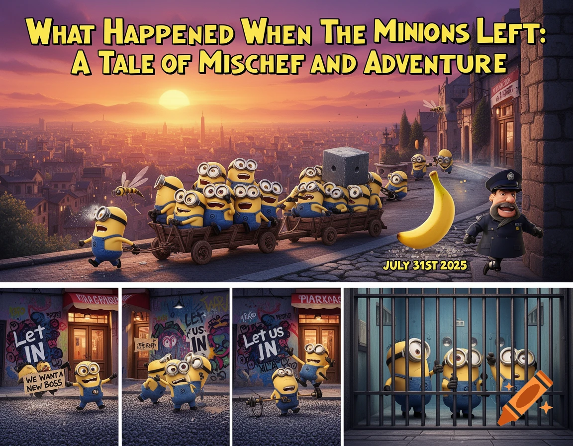 A poster-style image depicting Minions in various scenarios related to a story, including pulling wagons, graffitiing, and being in jail.