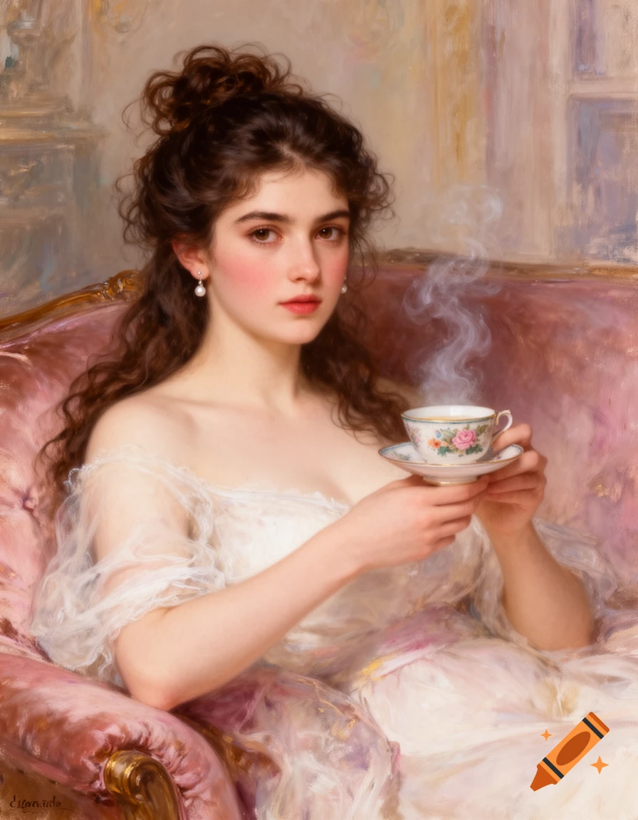 A vintage-style painting of a young woman with dark curly hair, wearing a white off-shoulder dress, holding a steaming teacup on a pink sofa.