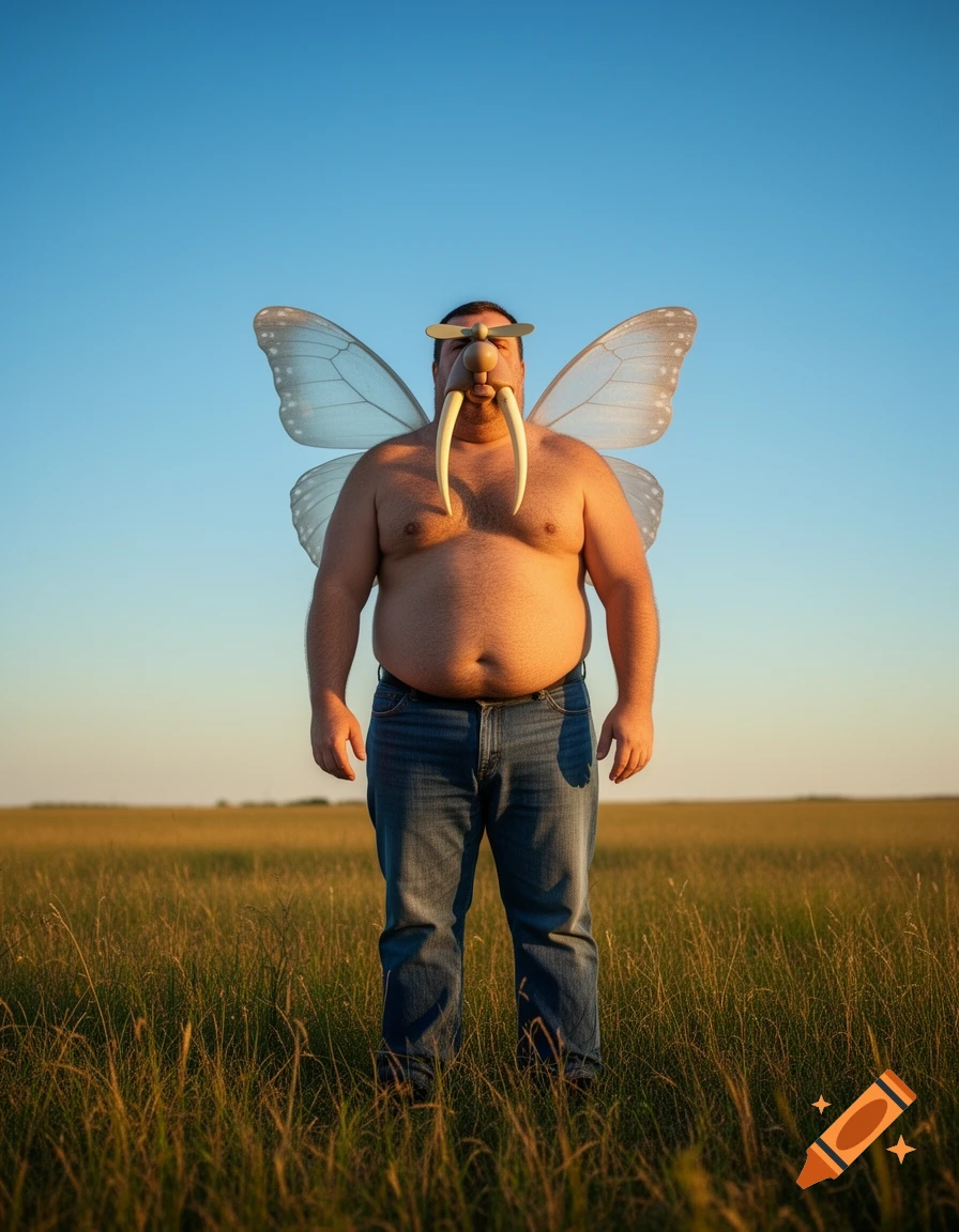 A shirtless man in jeans stands in a field, wearing translucent butterfly wings, a propeller on his nose, and walrus tusks.
