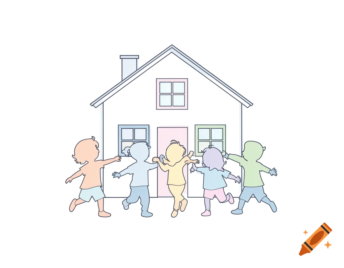Minimalist line art illustration showing five diverse children holding hands in front of a simple house, with pastel colored silhouettes.