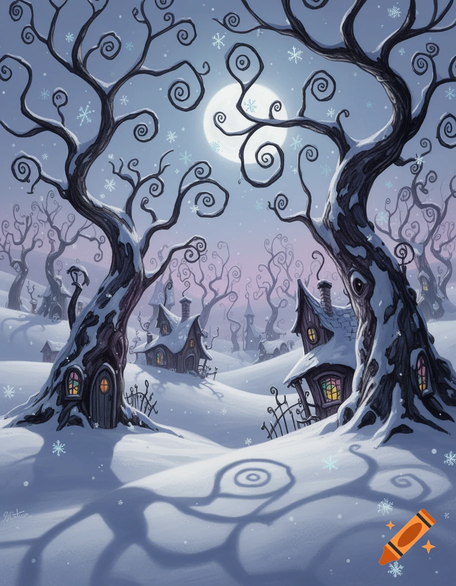 Whimsical Tim Burton style snow country scene under a full moon, with twisted trees and crooked houses covered in snow.