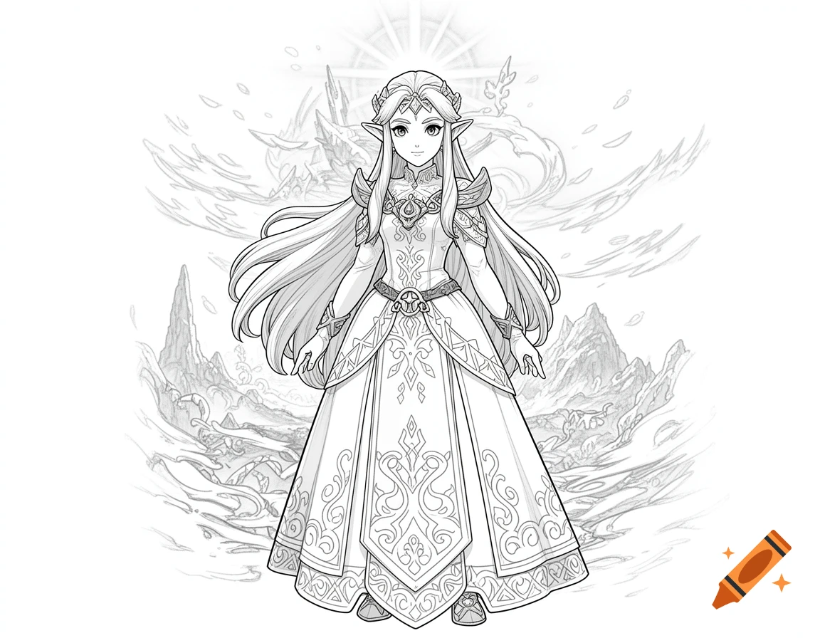 Black and white line art drawing of Princess Zelda in a detailed dress with a stylized background, ready for coloring.