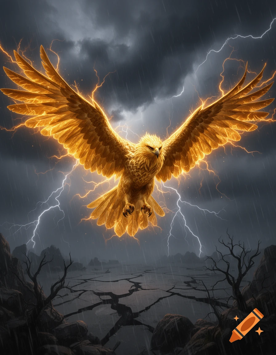 A majestic golden thunder hawk with glowing wings flies through a dark, stormy sky with lightning over cracked ground.