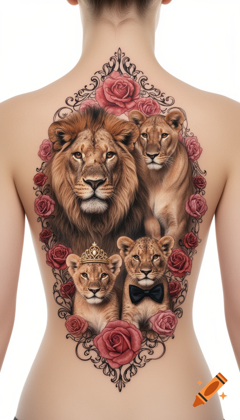 Detailed tattoo of a lion family framed by roses and scrollwork on a woman's back. One cub wears a crown, another a bow tie.