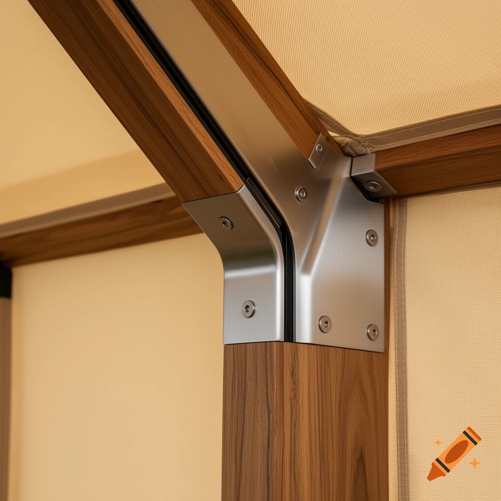 Architectural close-up of a modern luxury glamping tent frame showing a stainless steel joint connecting timber elements and a beige canvas wall.