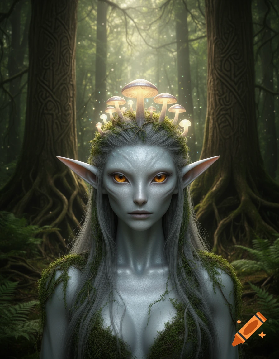 Photorealistic portrait of a pale alien forest elf with pointed ears, grey hair, orange eyes, and glowing mushrooms on her moss-covered head in an enchanted forest.