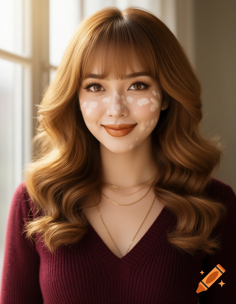 A smiling woman with vitiligo, long wavy caramel hair, and bangs, wearing a burgundy V-neck top with gold necklaces. Photorealistic portrait.