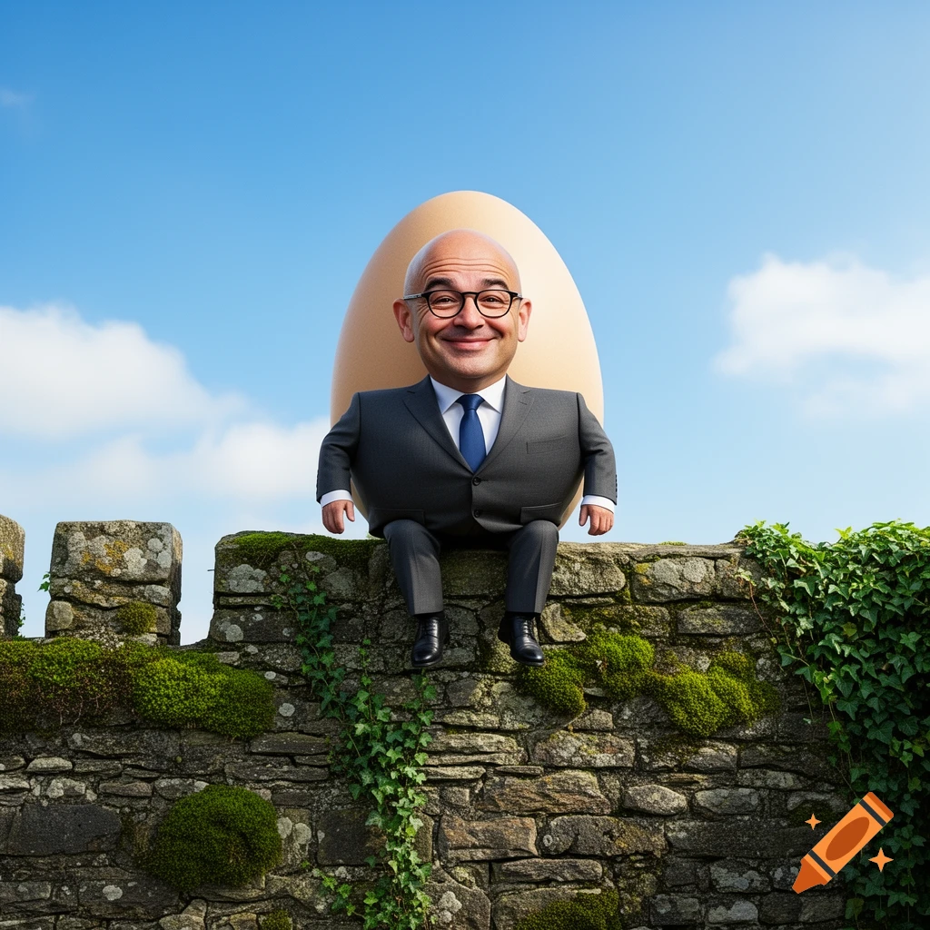 Photorealistic illustration of a bald man resembling Humpty Dumpty, in a suit, sitting on a mossy stone wall next to a giant egg under a blue sky.