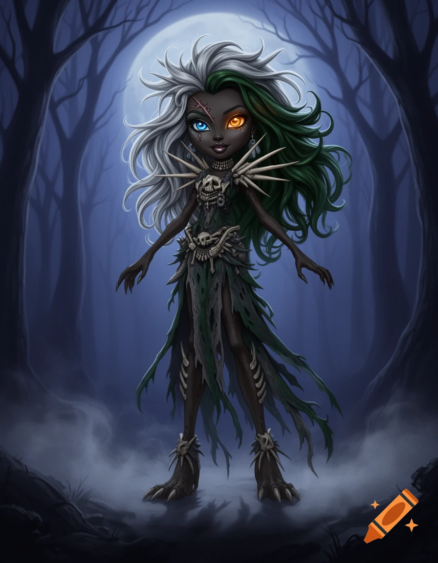 A dark-skinned female wendigo character with split white and green hair, mismatched blue and orange eyes, and a scar, standing in a spooky forest under a full moon, in a Monster High style.