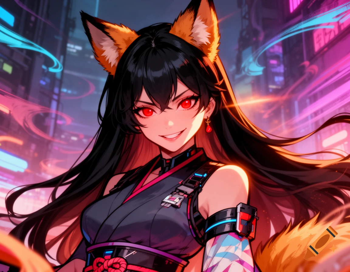 A smirking anime girl with long black hair, fox ears, and glowing red eyes stands against a vibrant neon cyberpunk city backdrop.