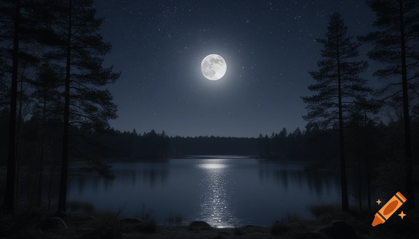 A serene night landscape with a full moon reflecting on a calm lake, surrounded by dark pine trees under a starry sky.