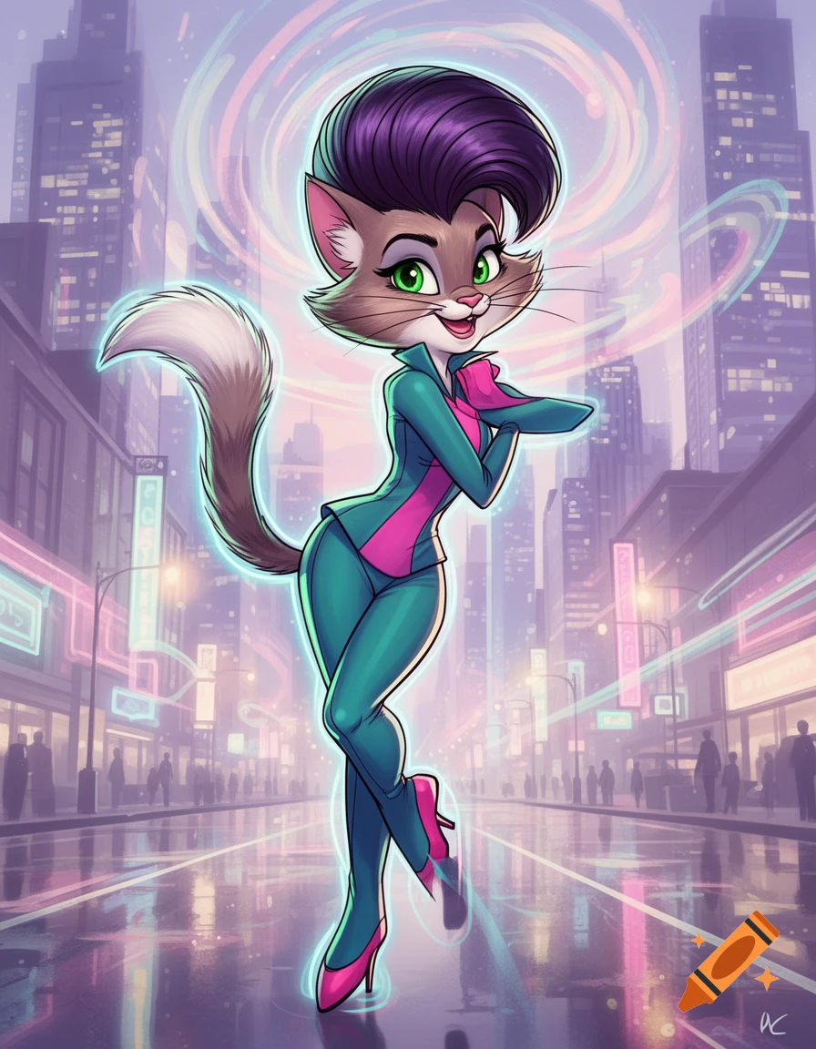 A stylized anthropomorphic cat with purple hair and green eyes, wearing a teal and pink suit, poses in a vibrant neon-lit futuristic city.