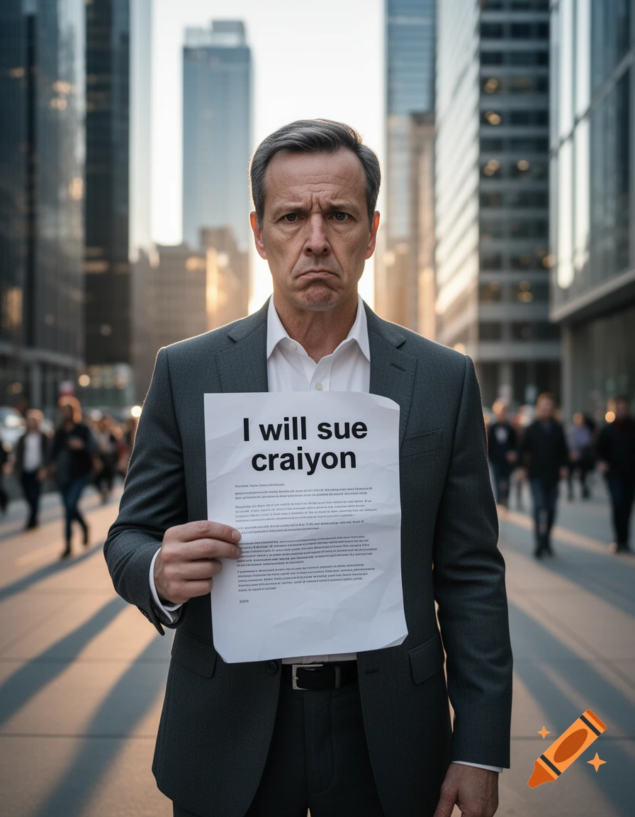 A disgruntled man in a business suit holds a sign that reads "I will sue craiyon" on a city street.
