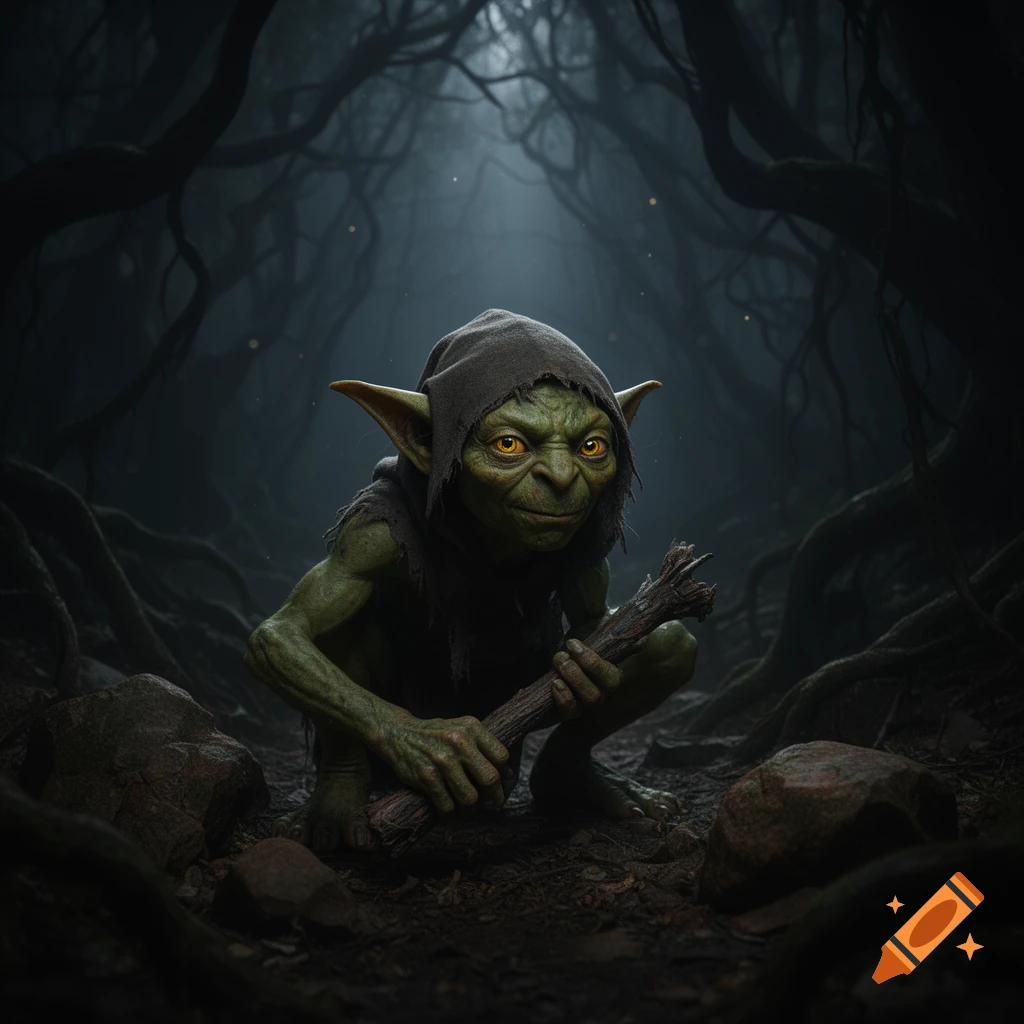 A green-skinned goblin with glowing eyes and large ears, wearing a dark hooded cloak, crouches in a gnarled, dark forest holding a stick.