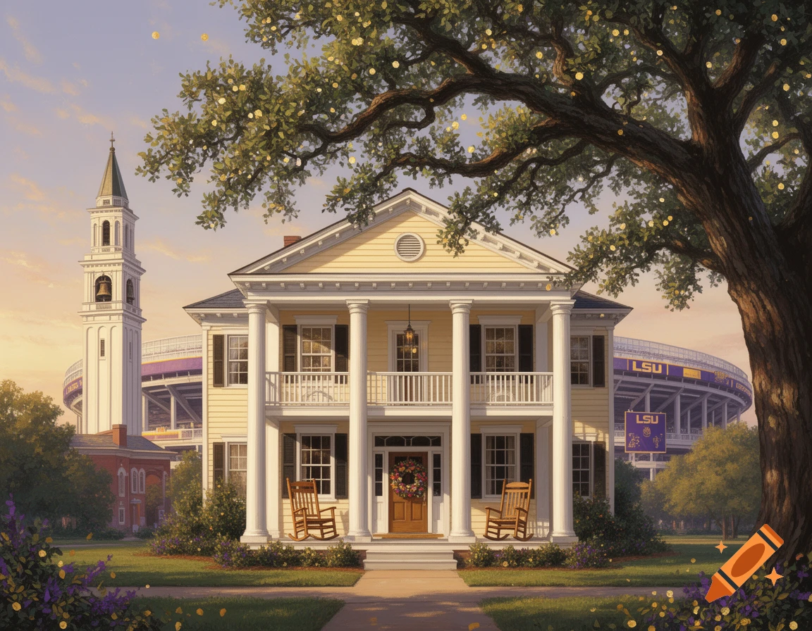 A two-story cream colonial house with a large oak tree in front, next to a white bell tower and a purple LSU stadium, in a detailed painterly style.