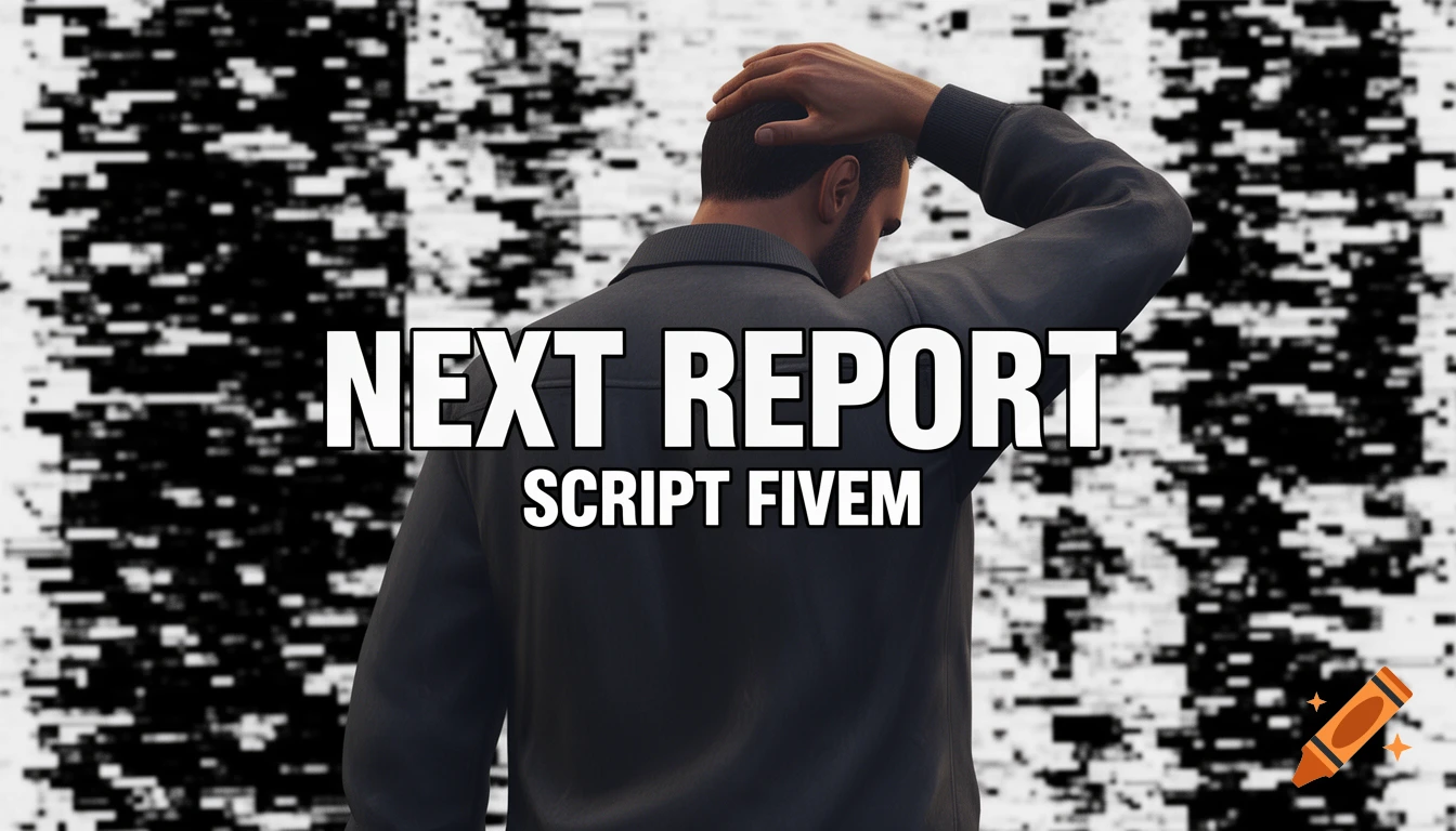 A man in a GTA V style, seen from behind with his hand on his head, standing against a black and white glitch background. White text reads 'NEXT REPORT SCRIPT FIVEM'.