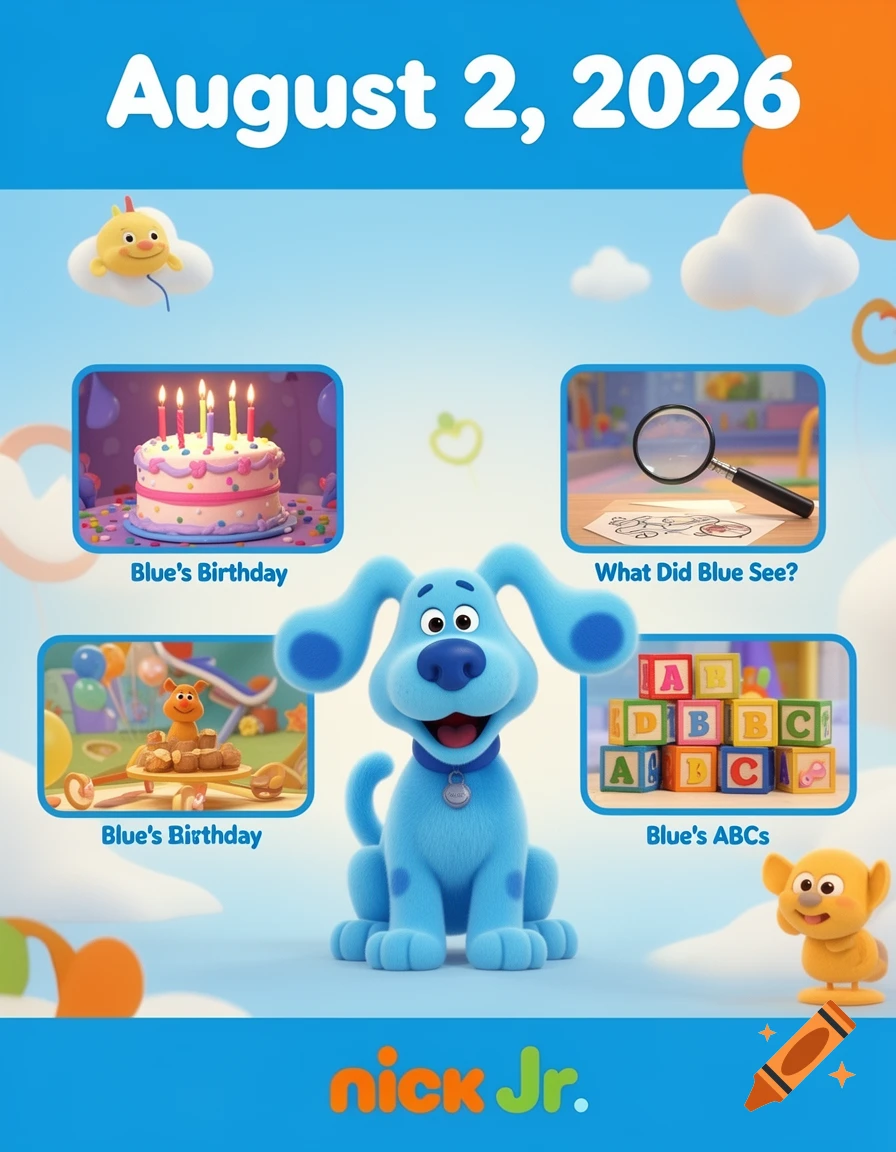 Blue, the cartoon dog, sits cheerfully amidst four vignettes: a birthday cake, a magnifying glass on a drawing, another birthday scene, and alphabet blocks, all in a vibrant 3D animated style, with "August 2, 2026" and a Nick Jr. logo.