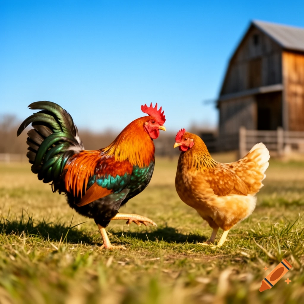 A colorful rooster and a brown hen stand in a sunny grassy field with a blurred barn in the background, photorealistic style.