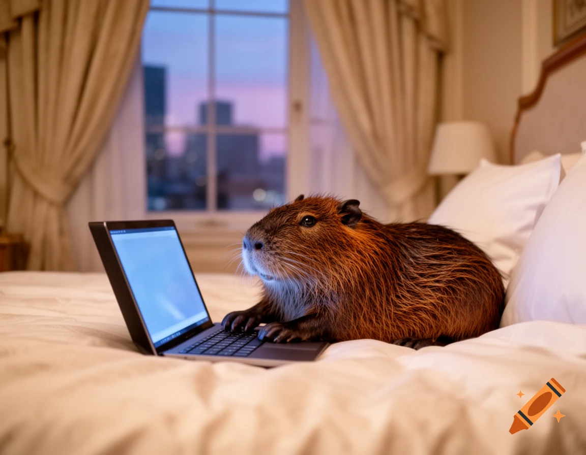 A capybara sits on a bed, typing on a laptop, with a city view at dusk through the window.