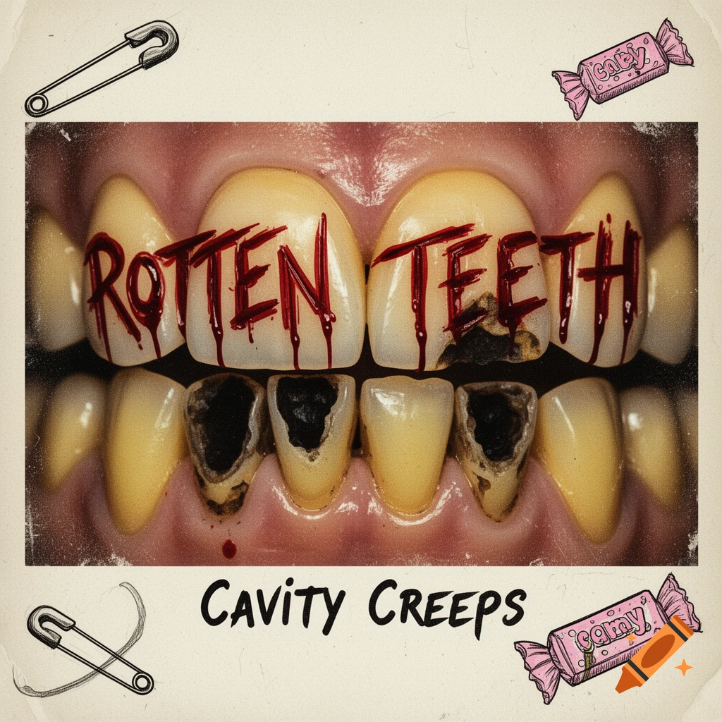 A grungy punk album cover with rotten yellow teeth, black cavities, and 'ROTTEN TEETH' in red blood. 'Cavity Creeps' subtitle with safety pin and candy doodles.