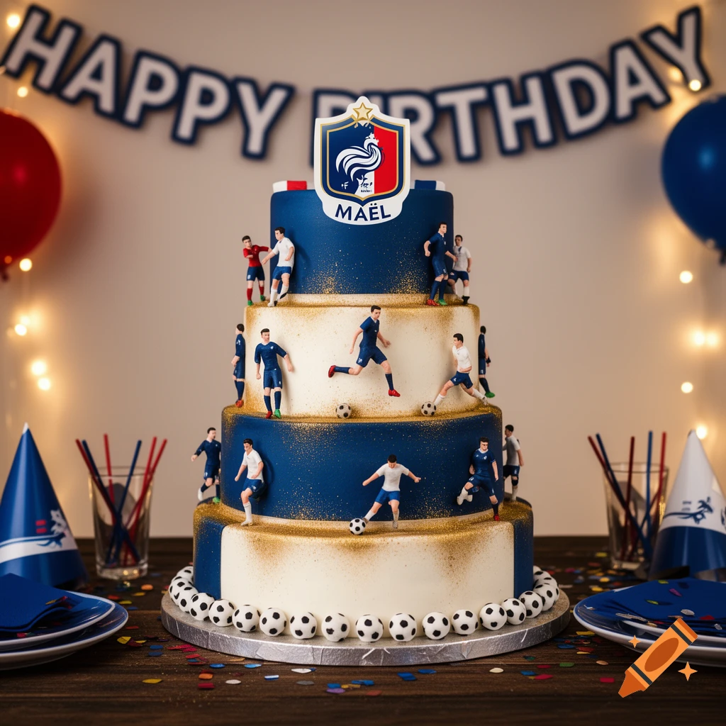 Multi-tiered blue and white birthday cake with gold sprinkles, soccer player figurines, and a 'Happy Birthday' banner.