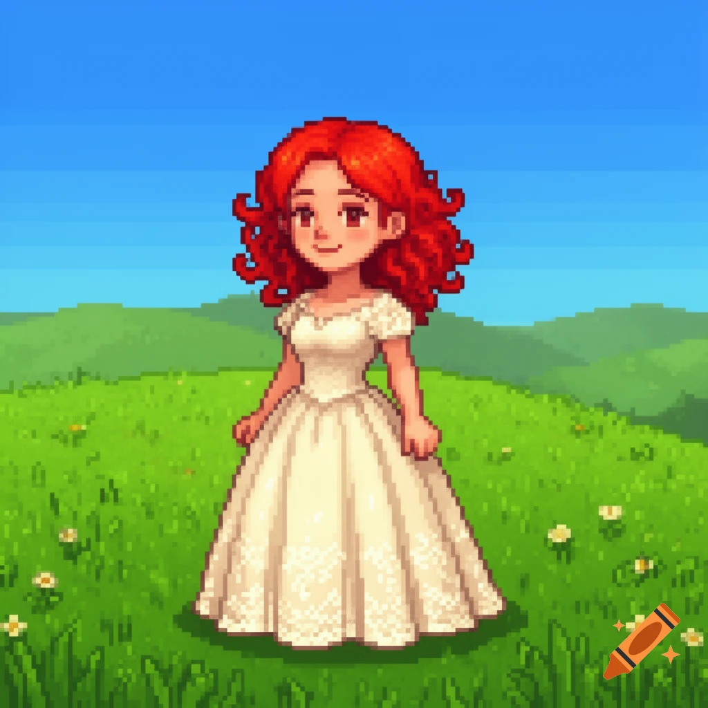 A pixel art style woman with red hair in a white wedding dress stands in a grassy field under a blue sky.