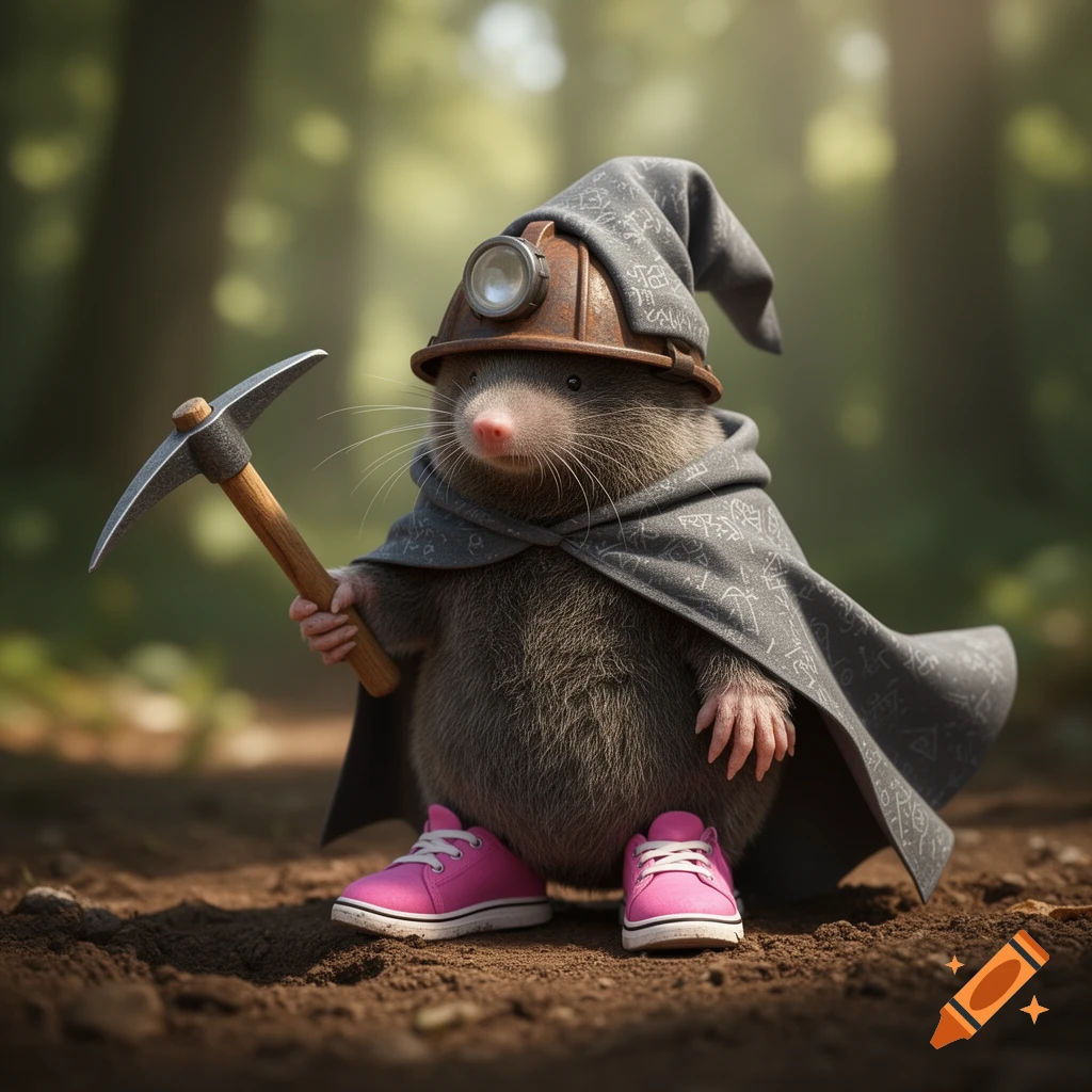 A cute anthropomorphic mole wearing a mining helmet, a grey wizard cloak, and pink sneakers, holding a pickaxe in a forest.