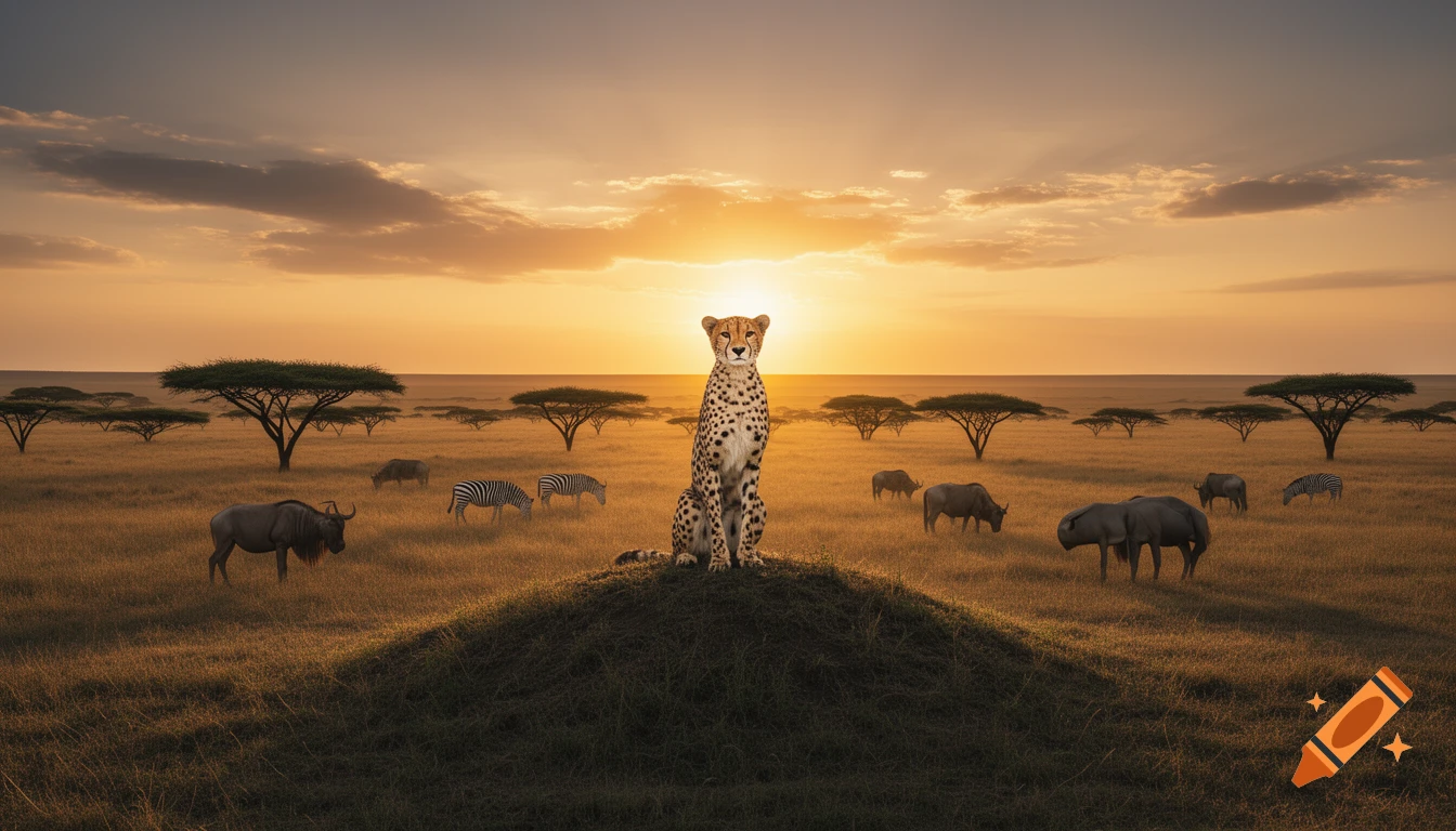 A cheetah sits on a small grassy hill, overlooking a vast savanna landscape with acacia trees, zebras, and wildebeest under a vibrant sunset sky.